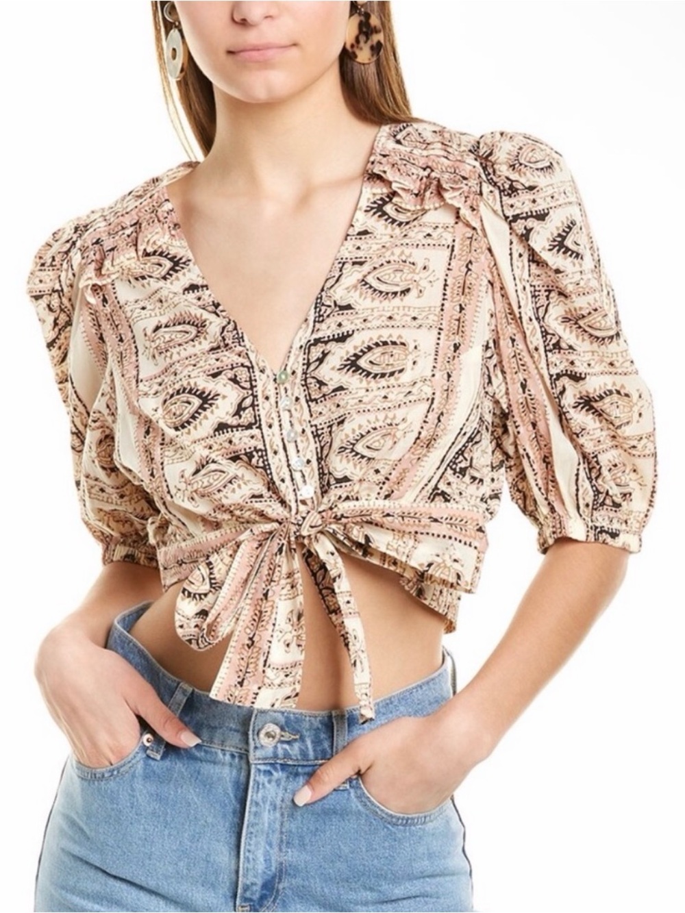 Cleobella Amina Blush Paisley Tie-Front Crop Top